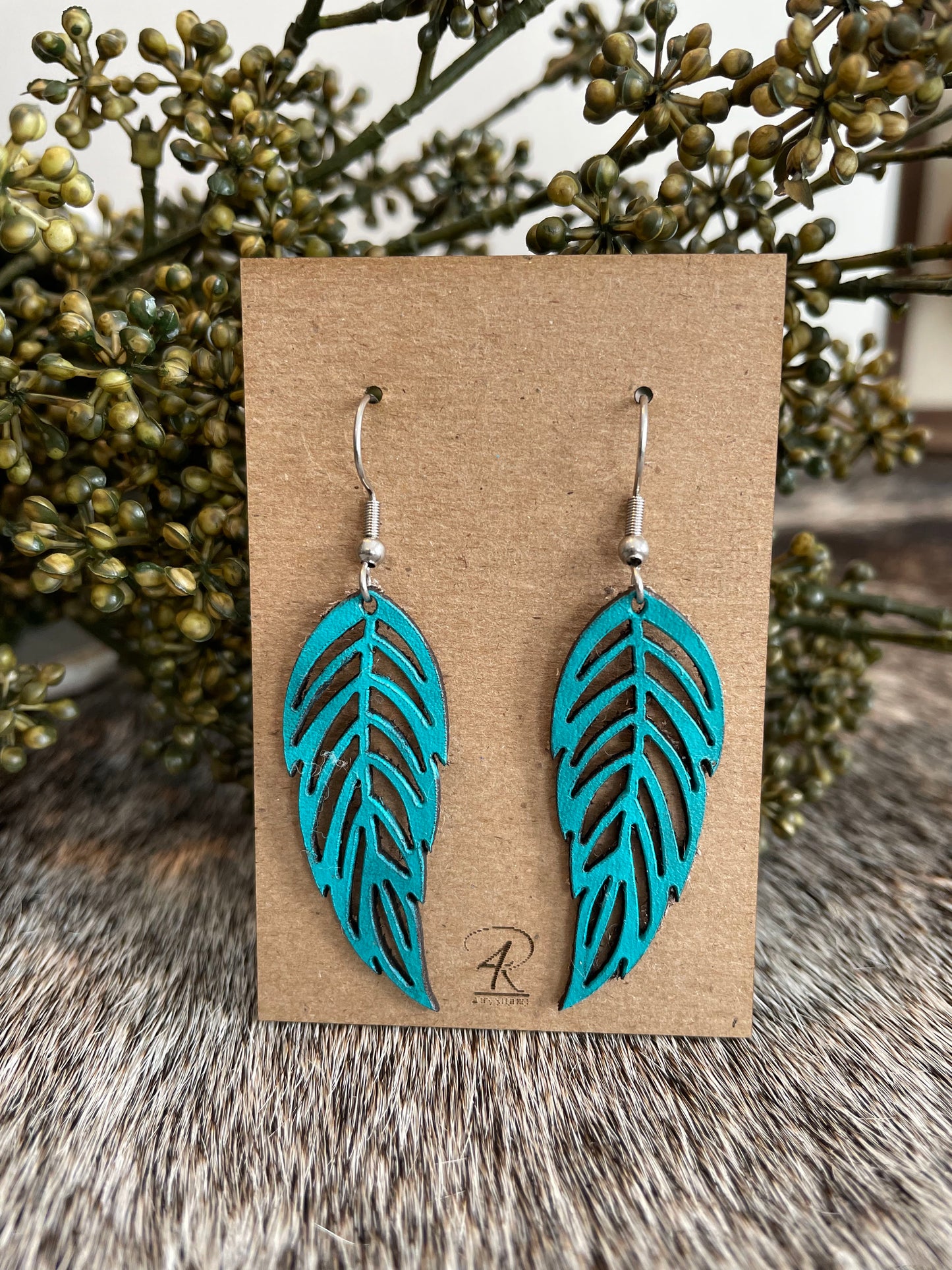 Earrings - Turquoise Feathered Leather Earrings