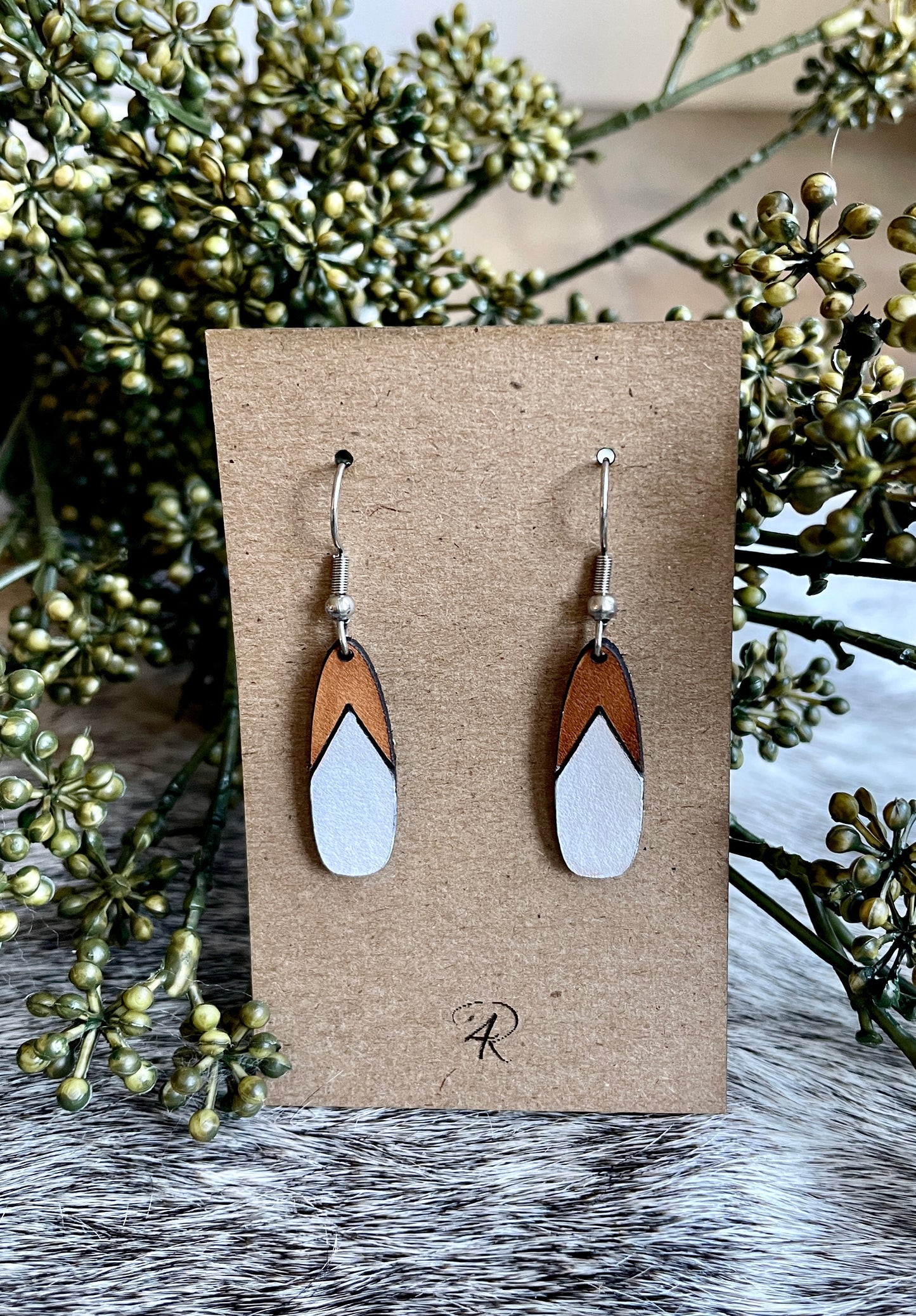 Earrings - Chestnut/Natural/painted bottom Drop Leather Earrings