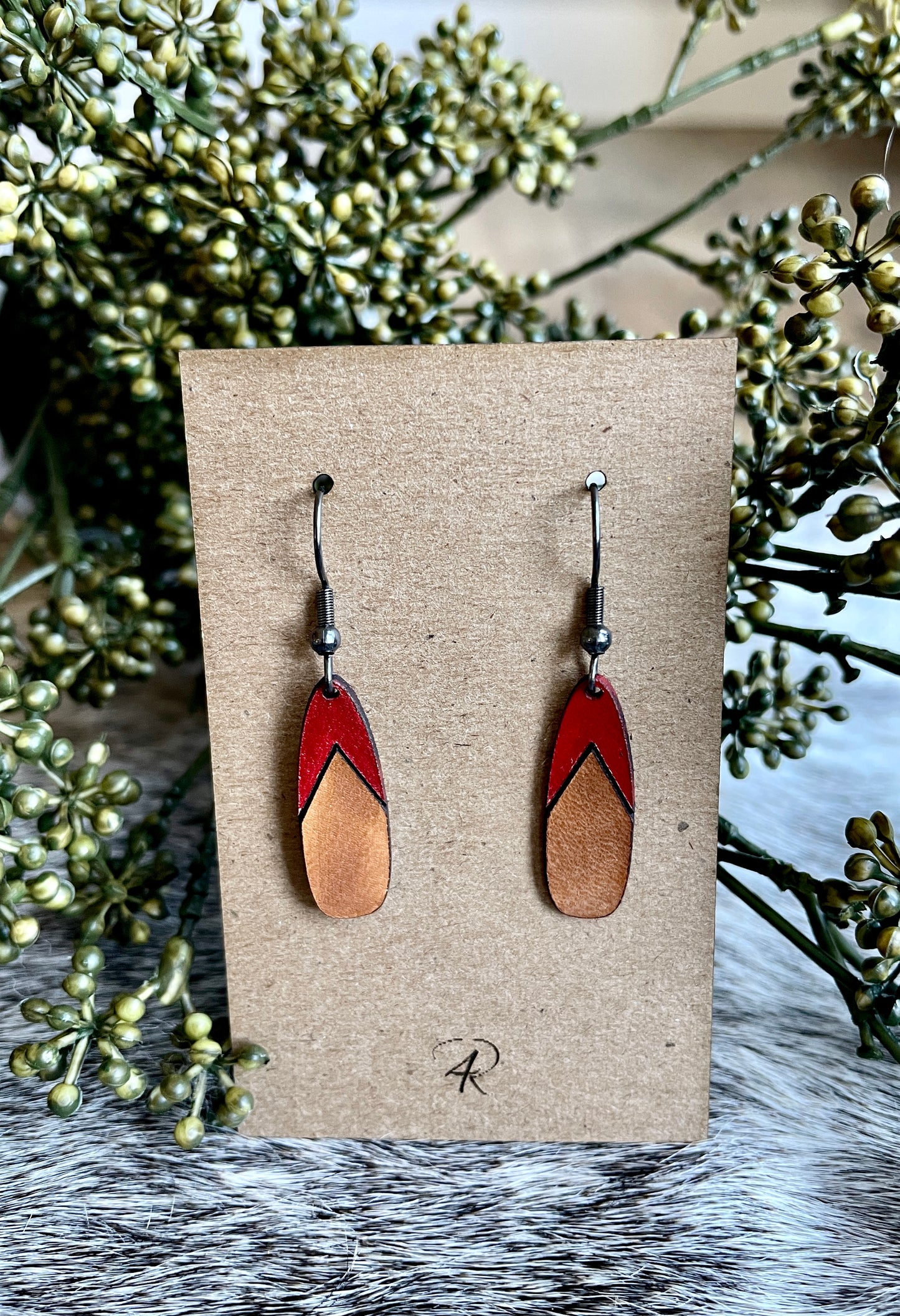 Earrings - Chestnut/Natural/painted top Drop Leather Earrings