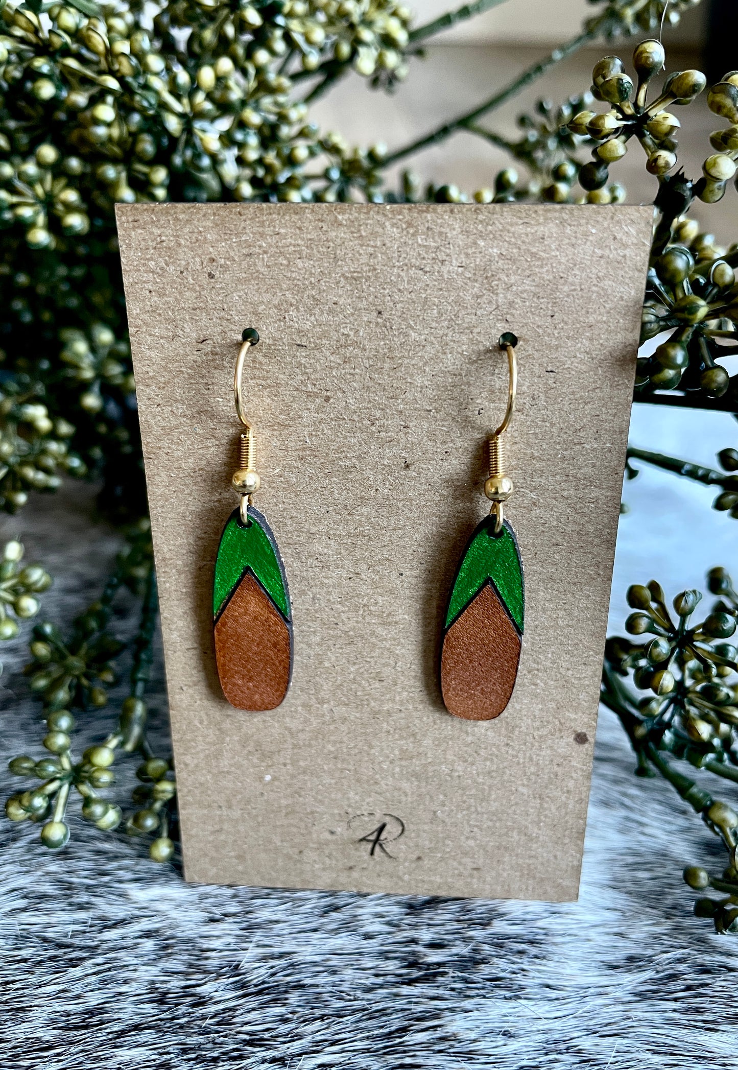 Earrings - Chestnut/Natural/painted top Drop Leather Earrings