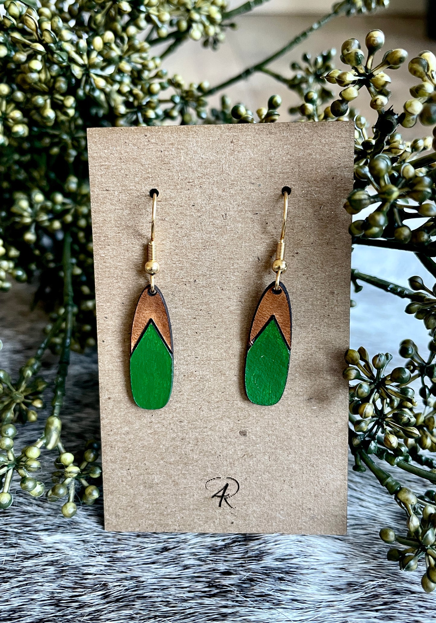 Earrings - Chestnut/Natural/painted bottom Drop Leather Earrings