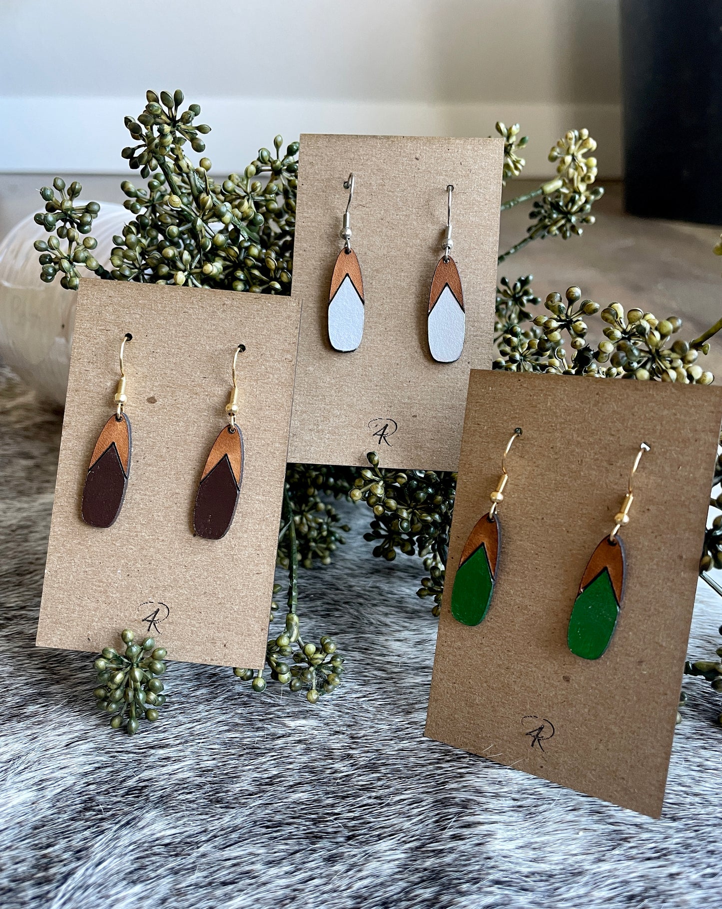 Earrings - Chestnut/Natural/painted bottom Drop Leather Earrings