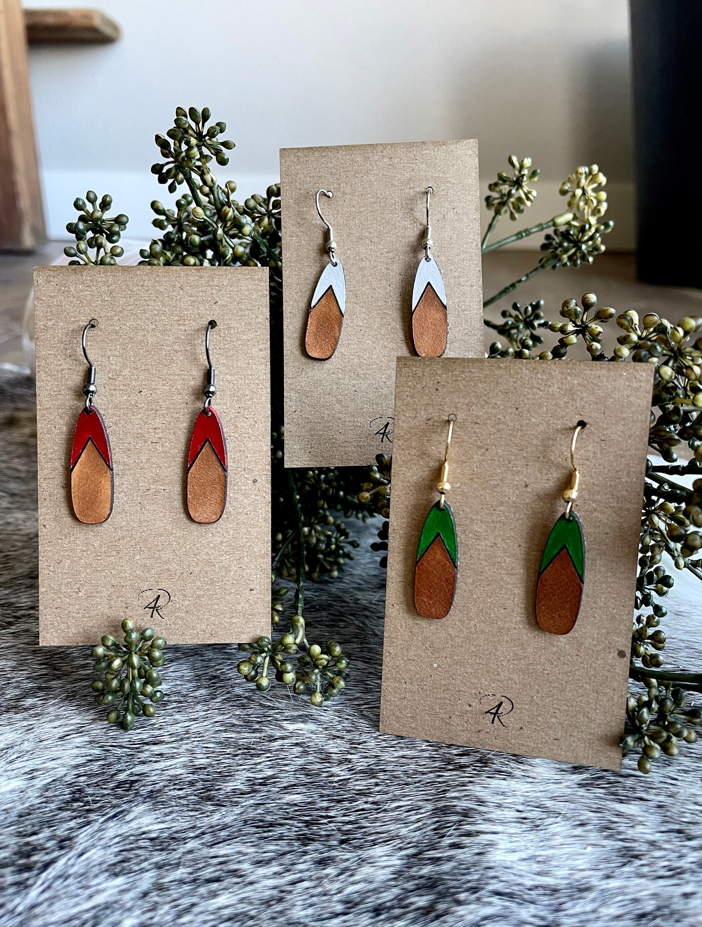 Earrings - Chestnut/Natural/painted top Drop Leather Earrings