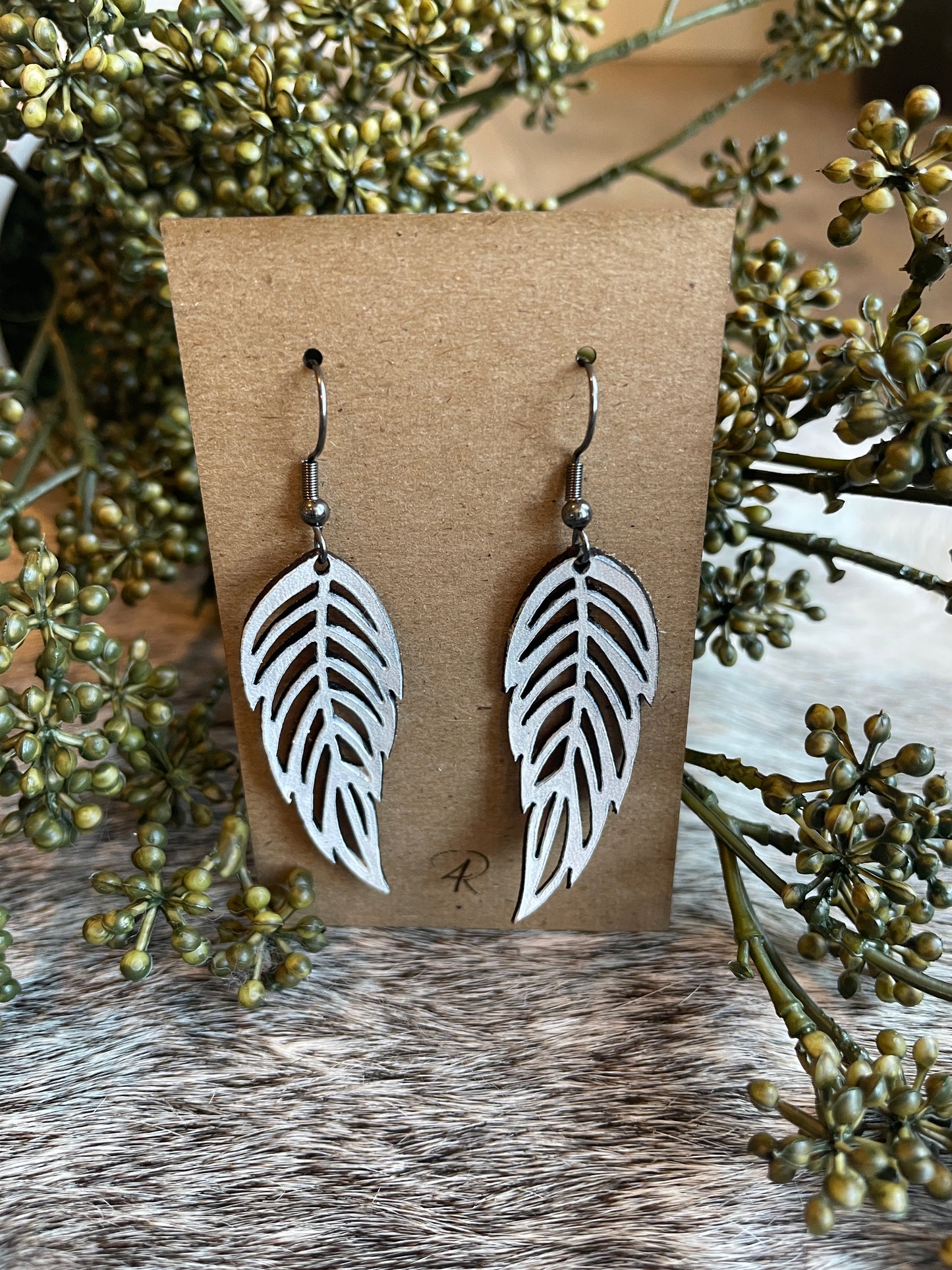 Earrings - Painted White Feathered Leather Earrings