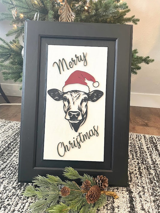 Wood Sign -Merry Christmas Cow