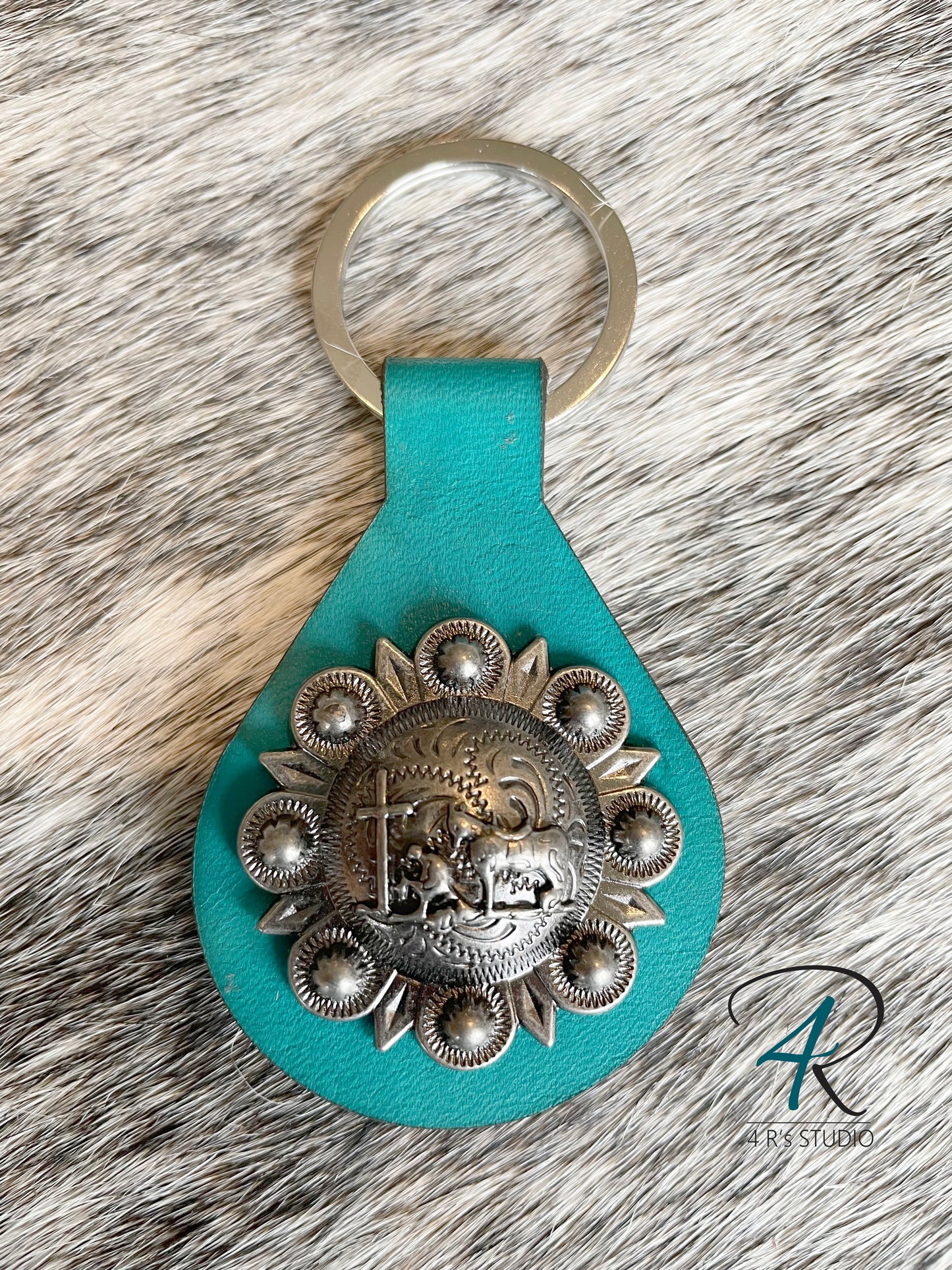 Aqua Round Leather Concho Keychains