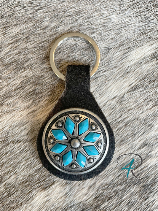 Cowhide Keychains with Turquoise Conchos