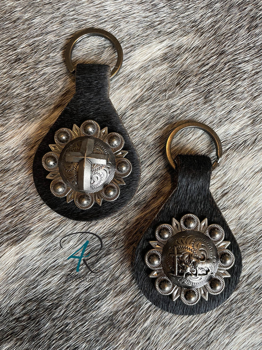 Black Cowhide Gunmetal Concho Keychains