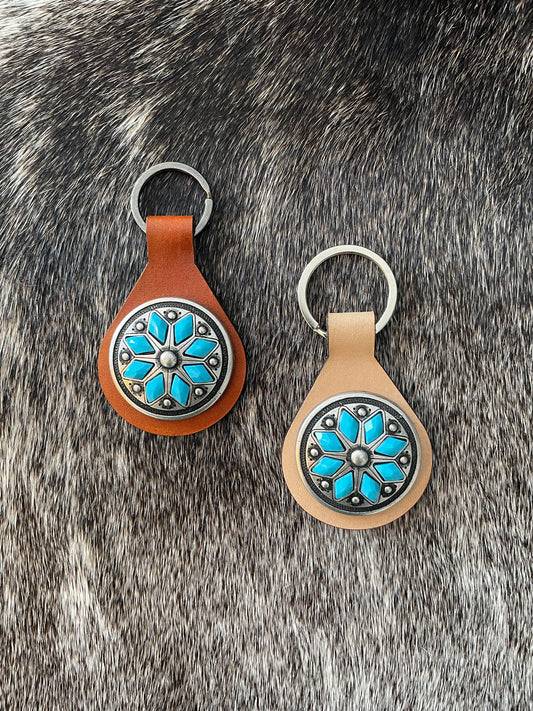 Cowhide Keychains with Turquoise Conchos