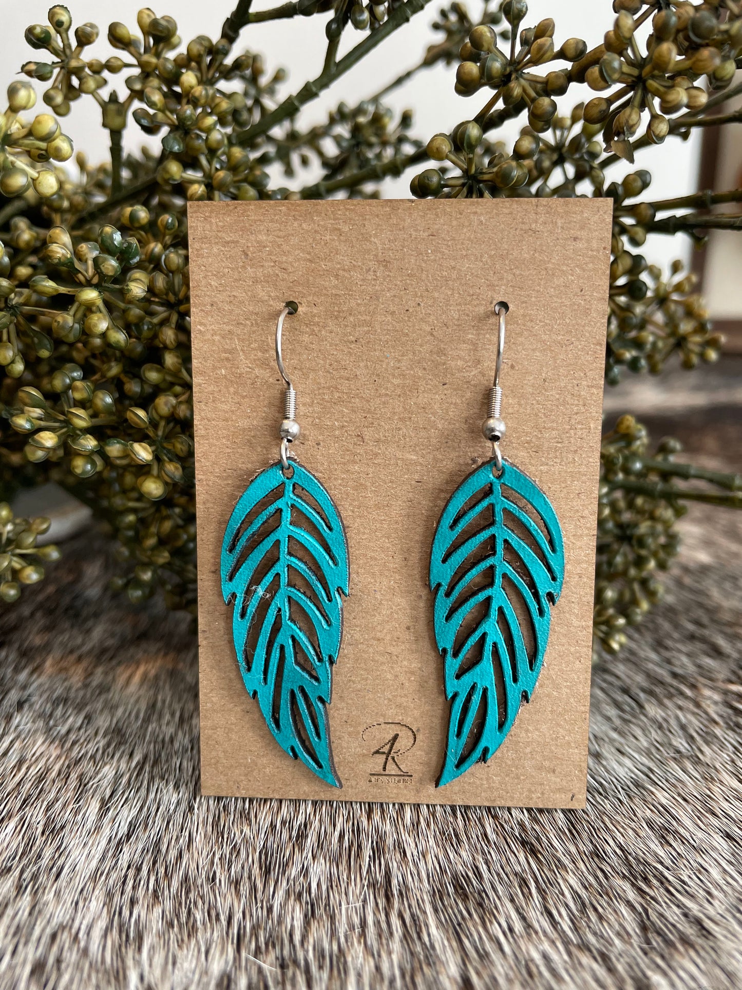 Earrings - Turquoise Feathered Leather Earrings