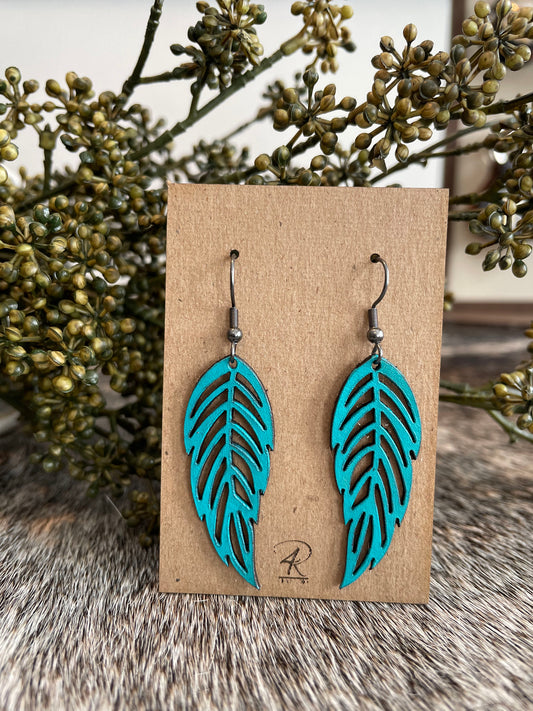 Earrings - Turquoise Feathered Leather Earrings