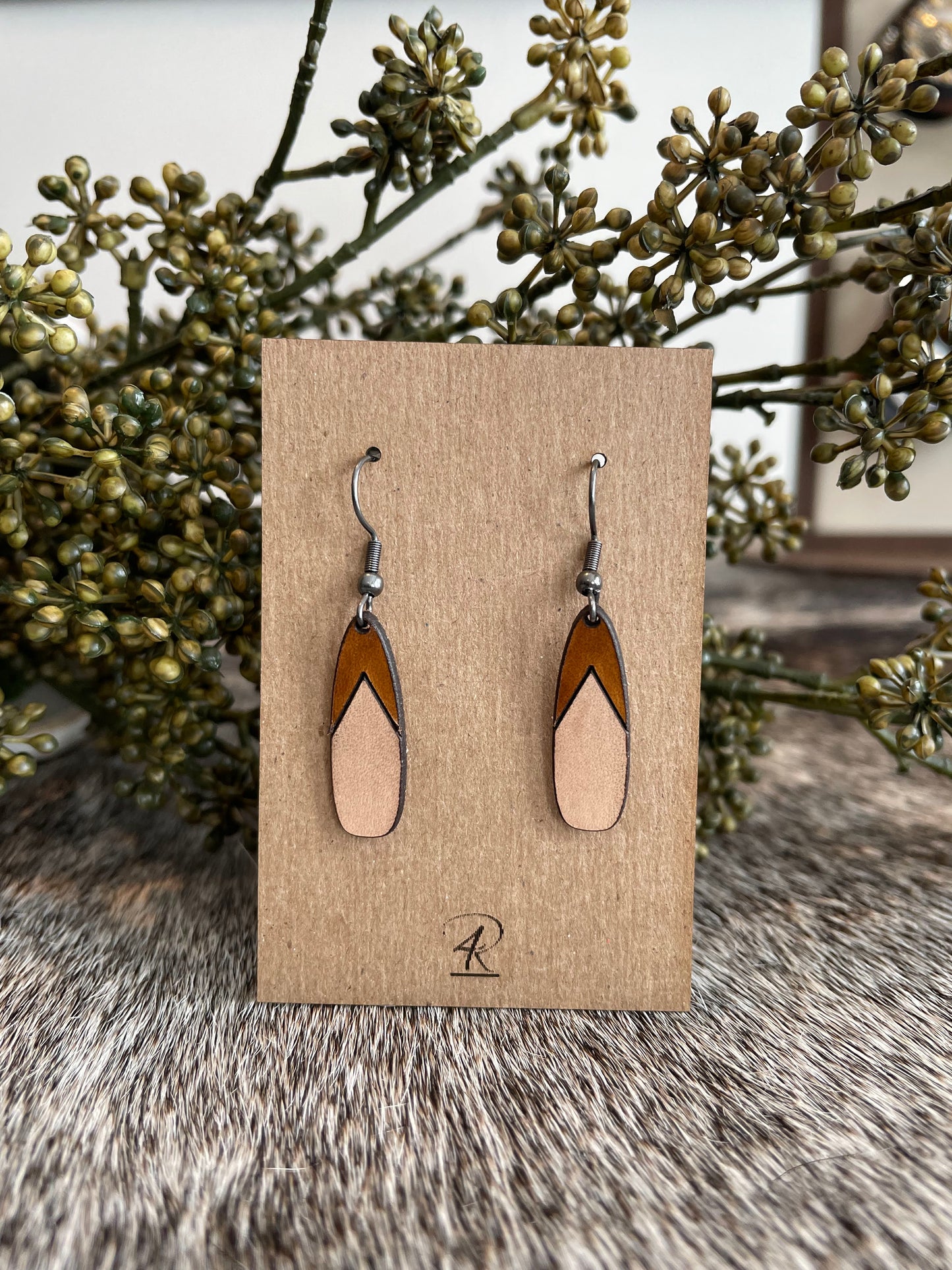 Earrings - Chestnut/Natural Drop Leather Earrings