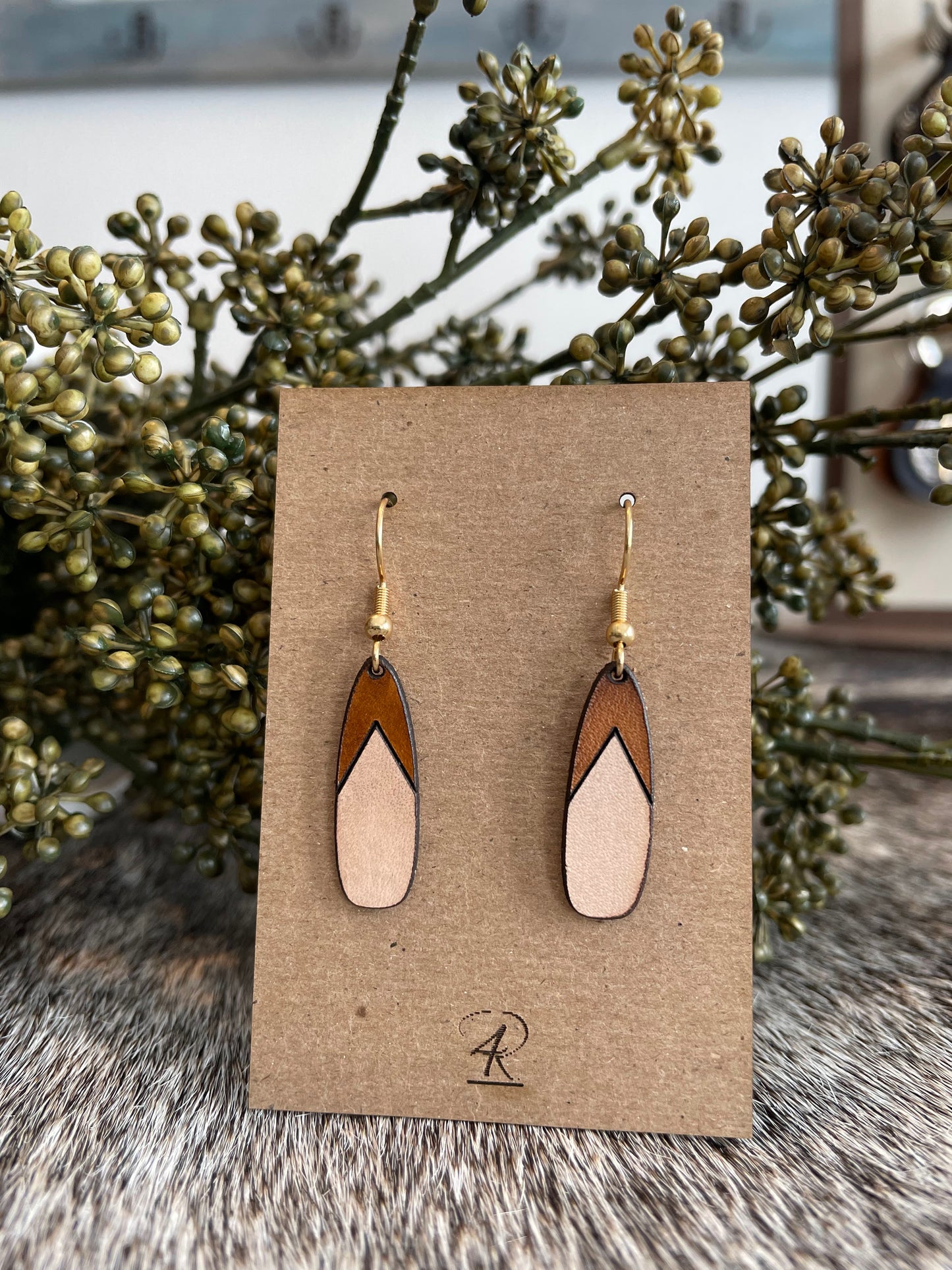 Earrings - Chestnut/Natural Drop Leather Earrings