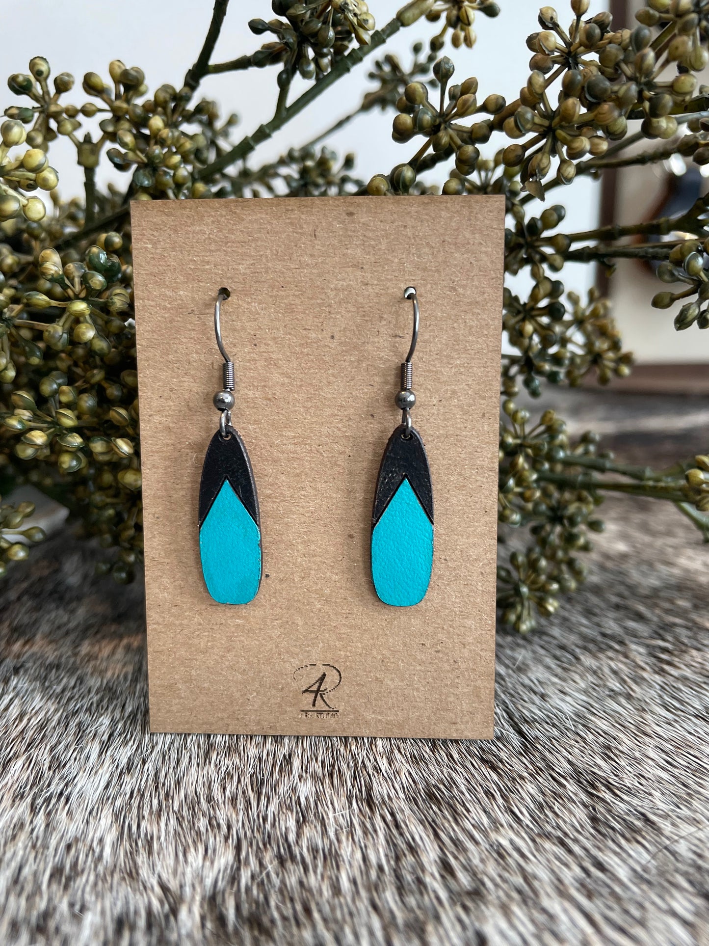 Earrings - Black/Turquoise Drop Leather Earrings