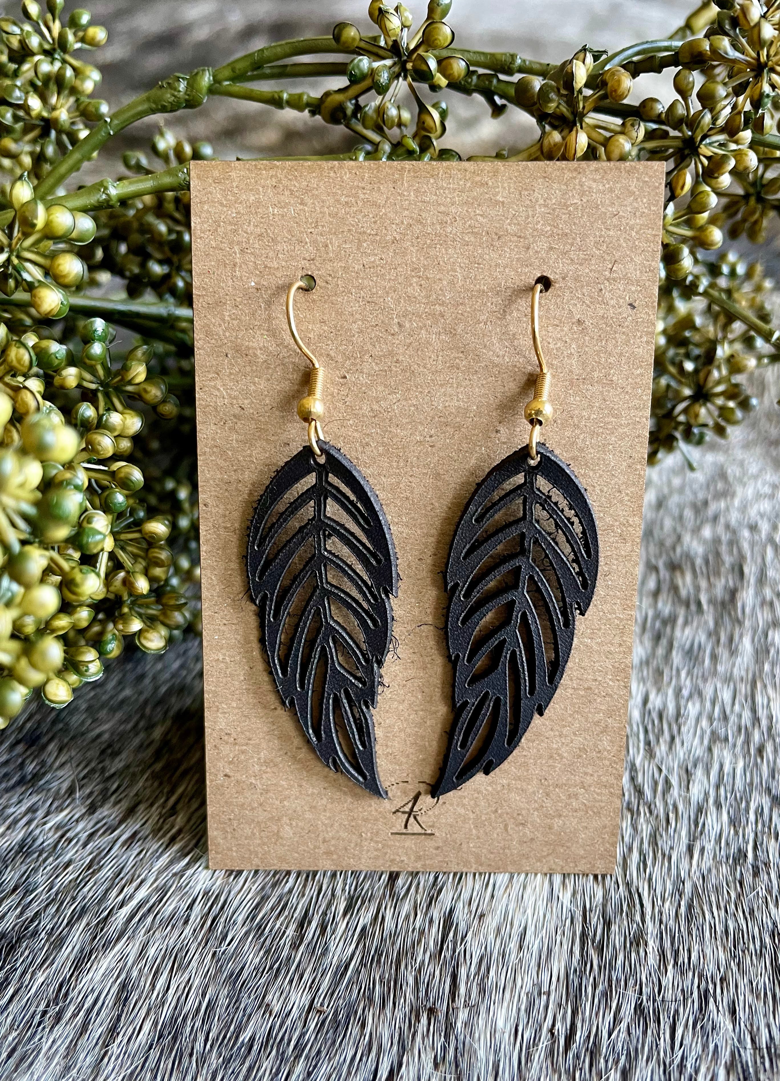 Angled Bar, Parallelogram Leather Earrings || Black Palm Leaf Braid Pattern