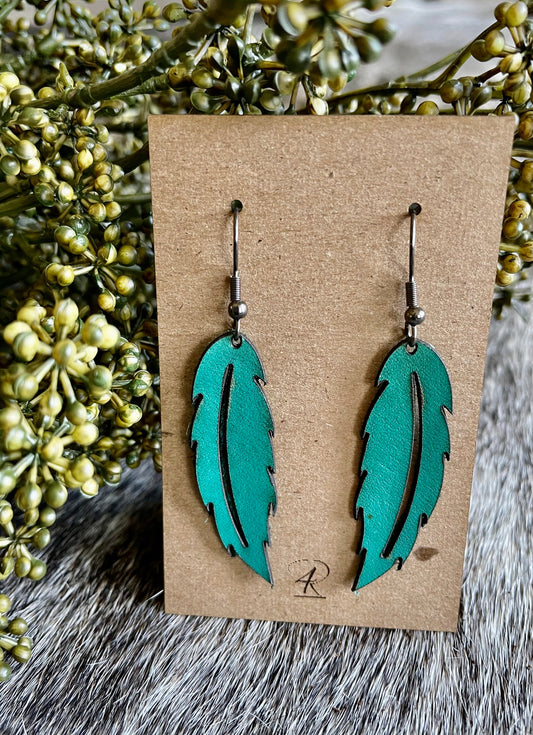 Earrings - Aqua Solid Feathered Leather Earrings