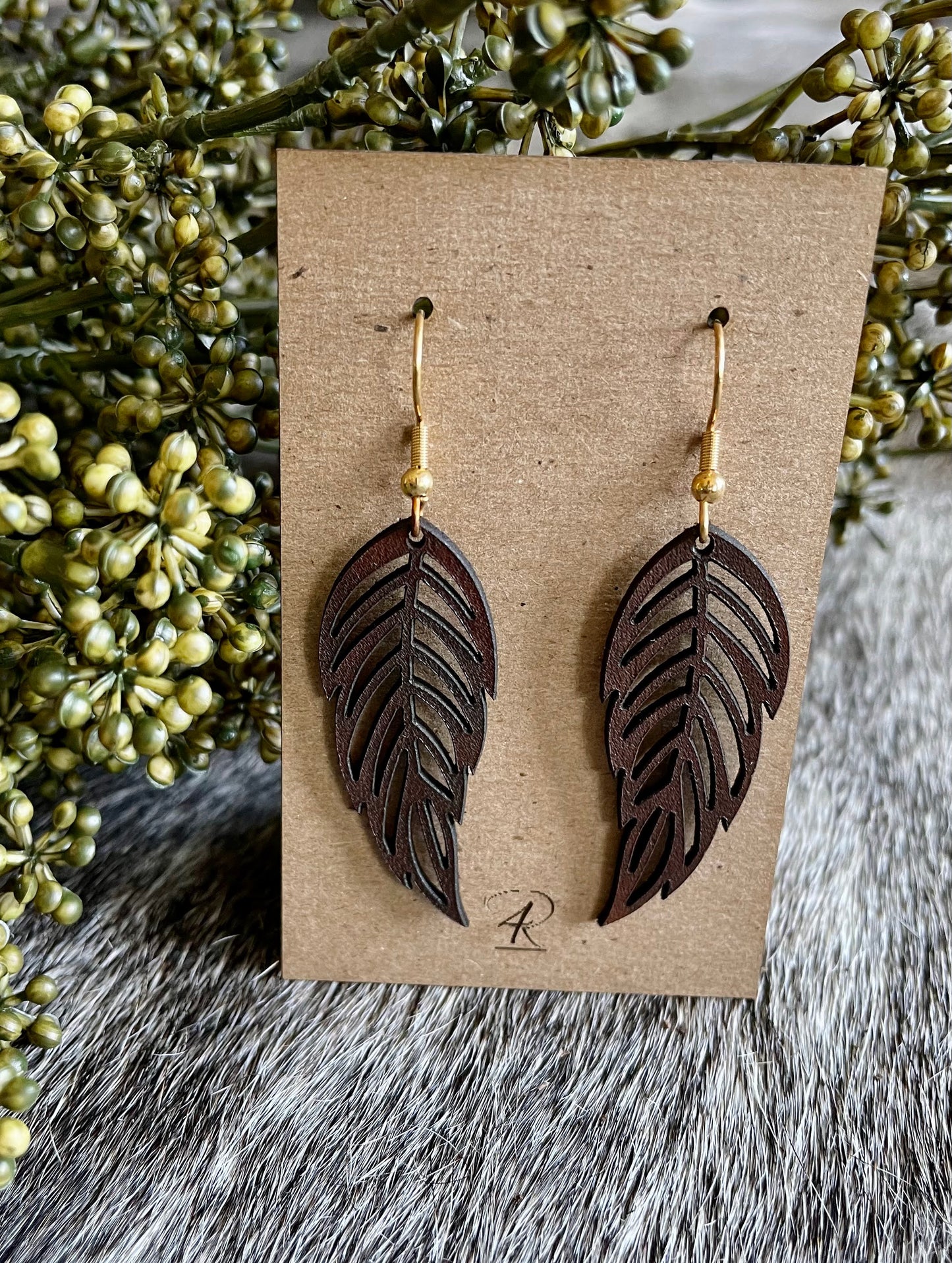 Earrings - Dark Walnut Feathered Leather Earrings