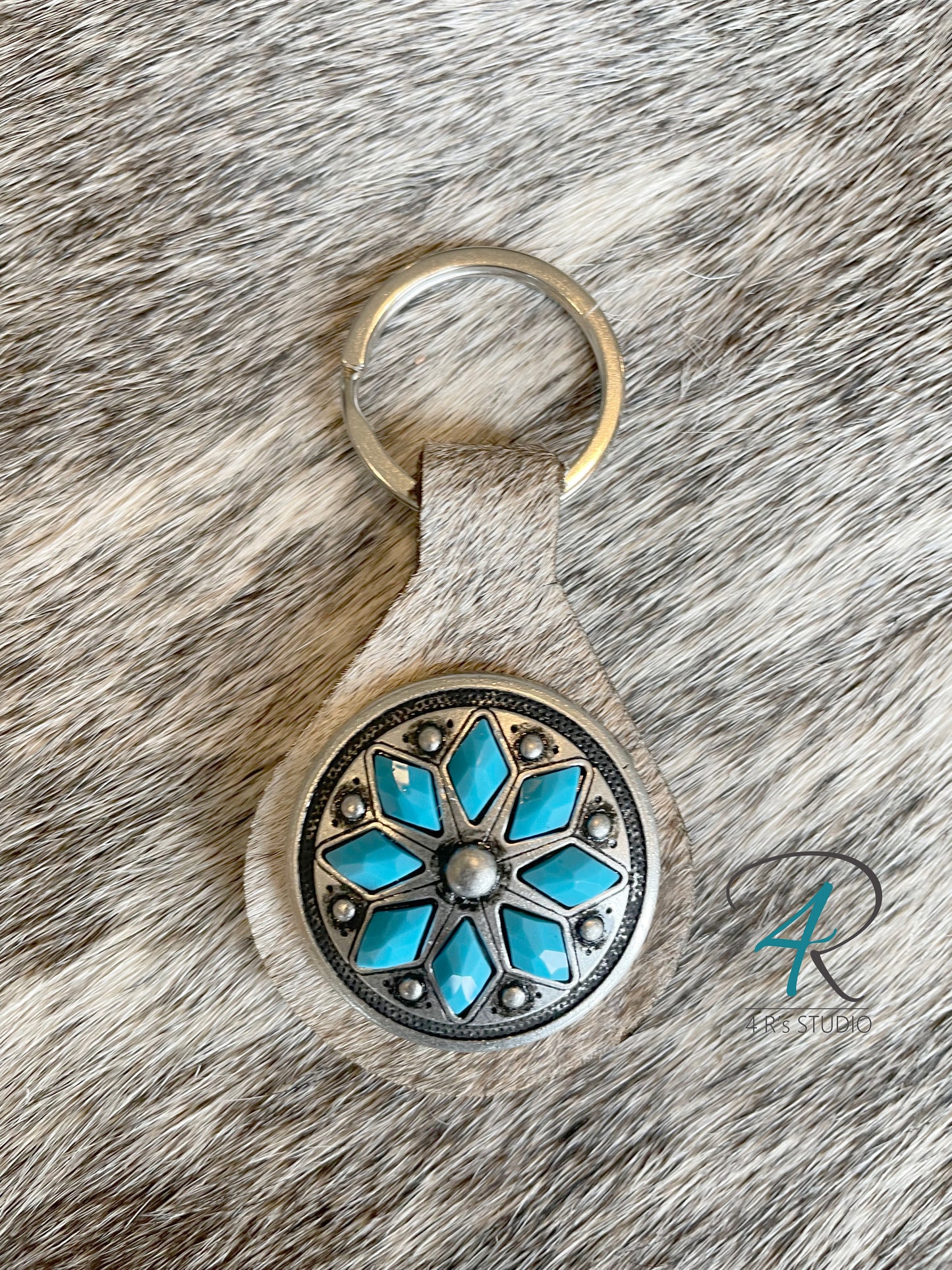 Cowhide Keychains with Turquoise Conchos