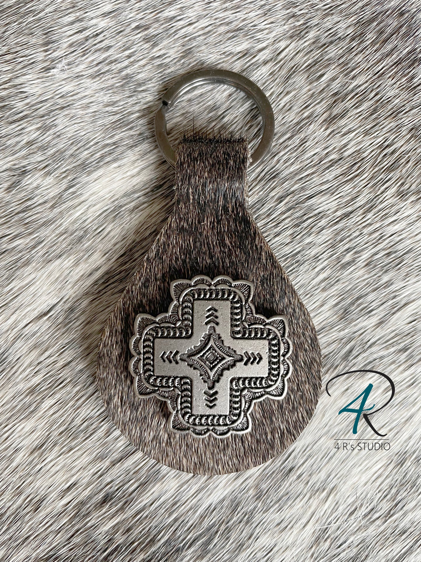 Roan Cowhide Keychains with Gunmetal Conchos