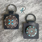 Black Leather Square Keychains Turquiose Conchos