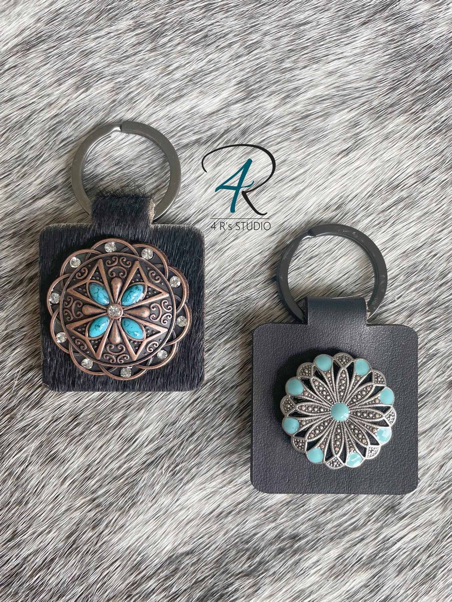 Black Leather Square Keychains Turquiose Conchos