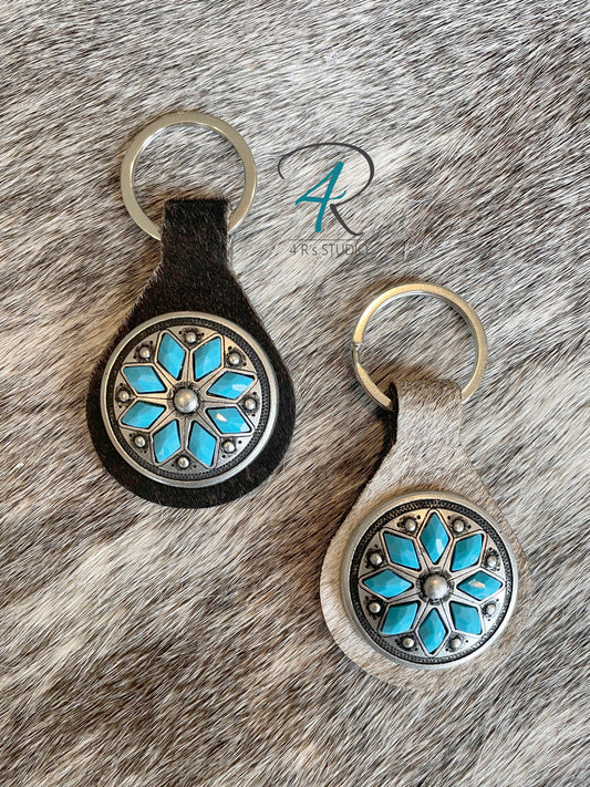 Cowhide Keychains with Turquoise Conchos