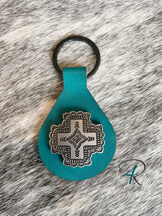 Aqua Round Leather Concho Keychains