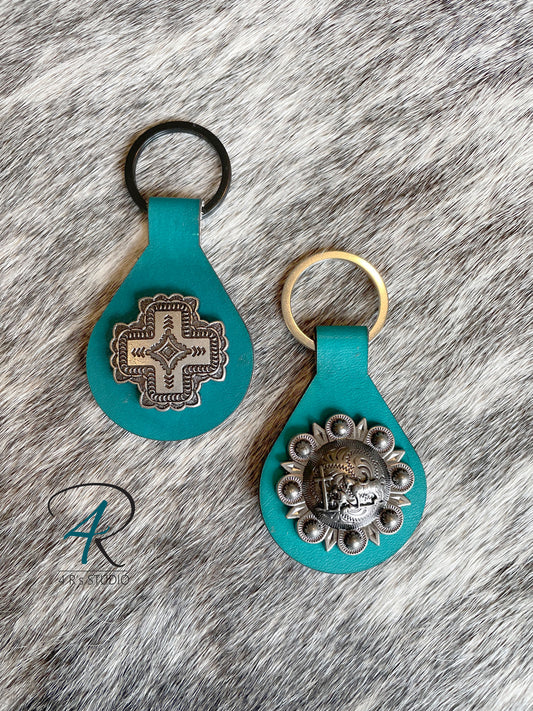 Aqua Round Leather Concho Keychains