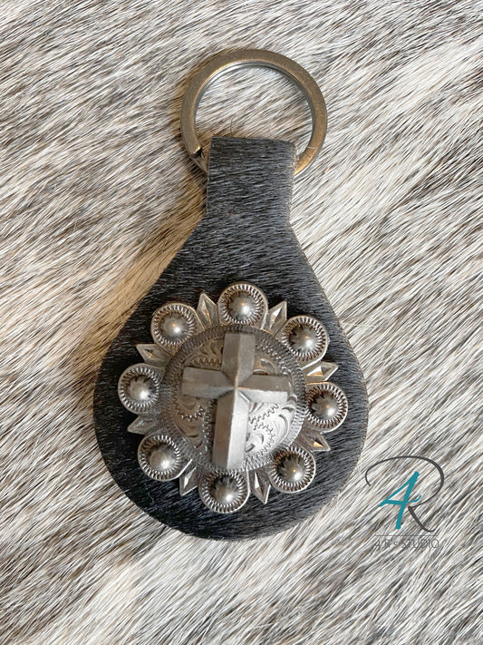 Black Cowhide Gunmetal Concho Keychains