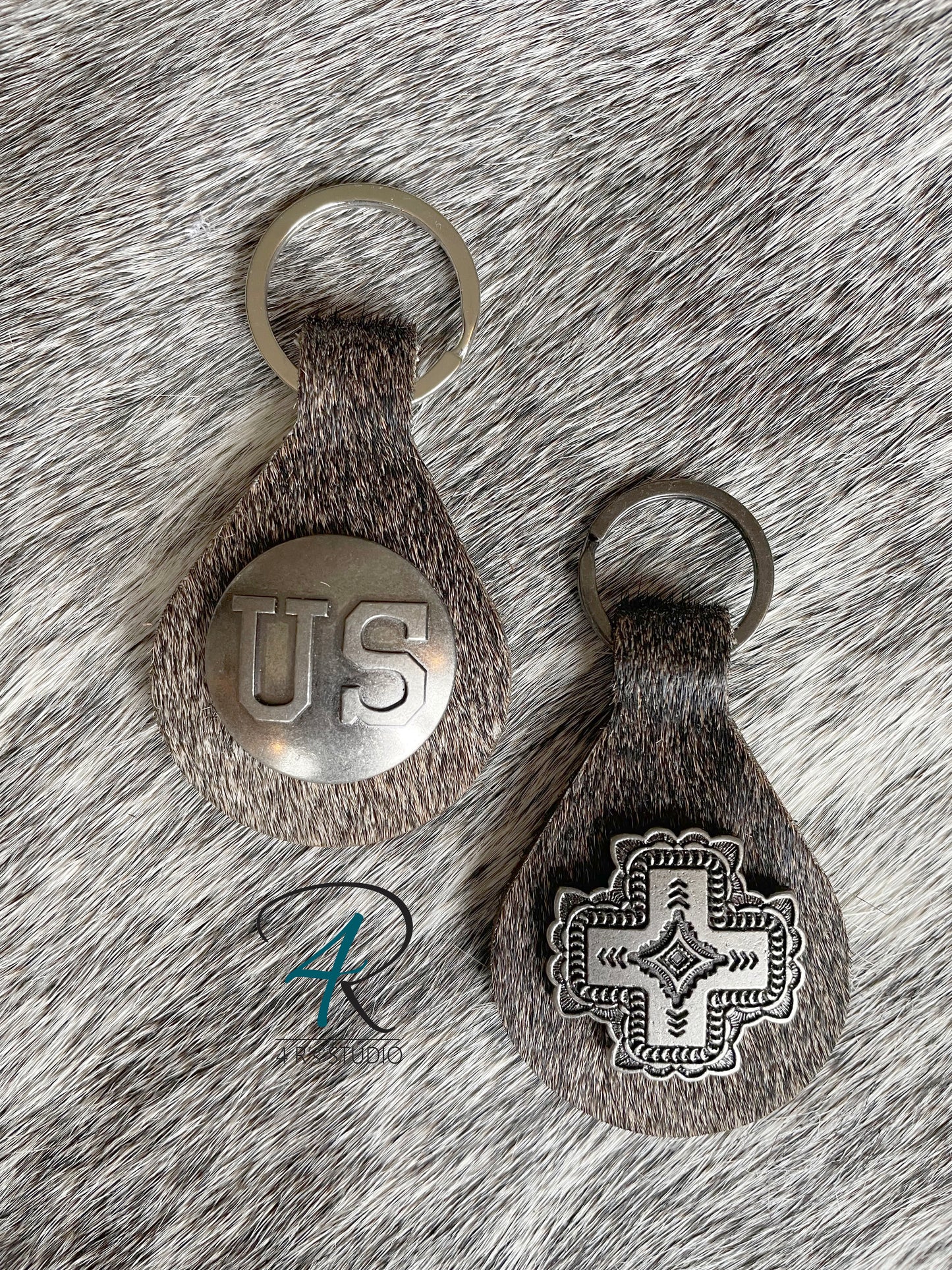 Roan Cowhide Keychains with Gunmetal Conchos