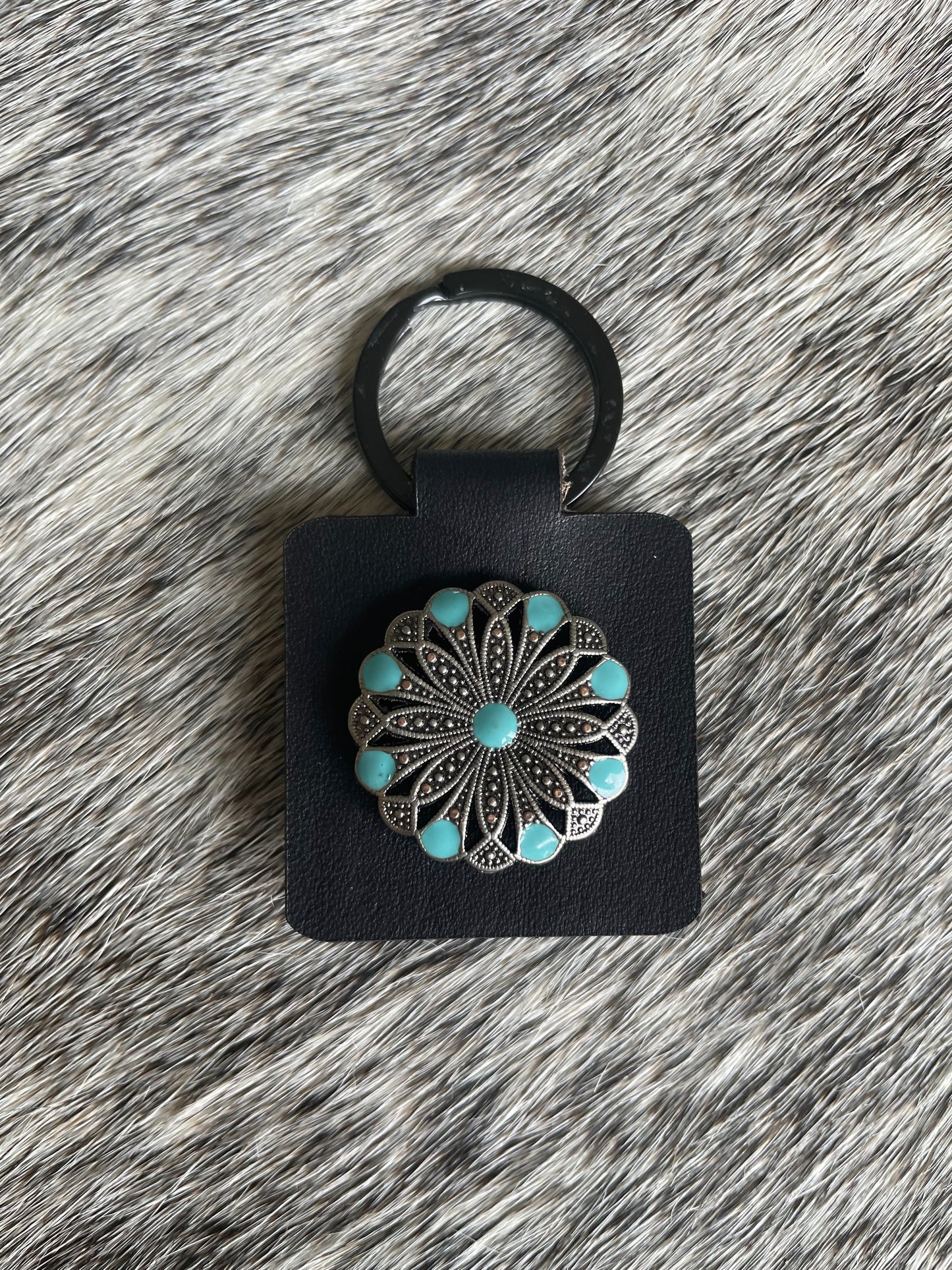 Black Leather Square Keychains Turquiose Conchos