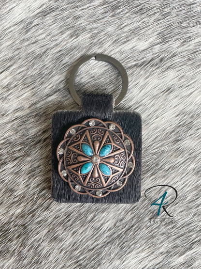 Black Leather Square Keychains Turquiose Conchos