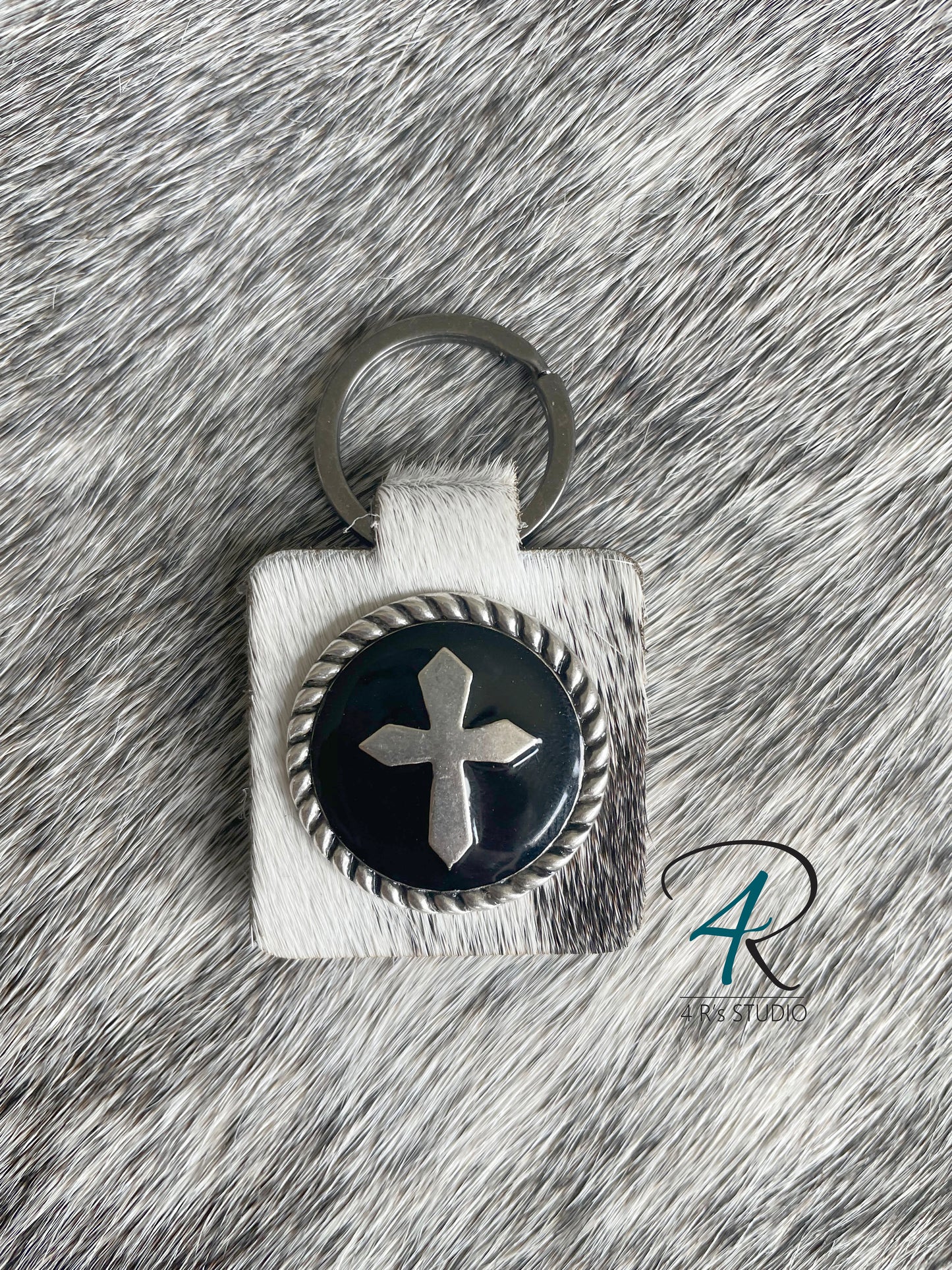 White Cowhide Square Keychains